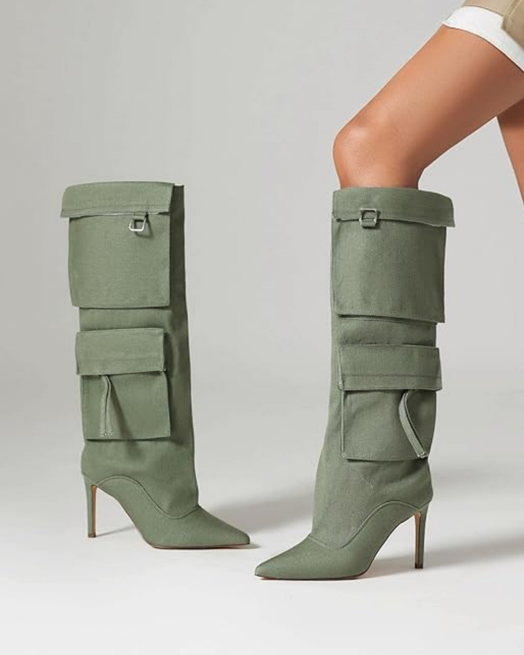 Camella | Women’s knee-high denim stiletto boots with pocket detail