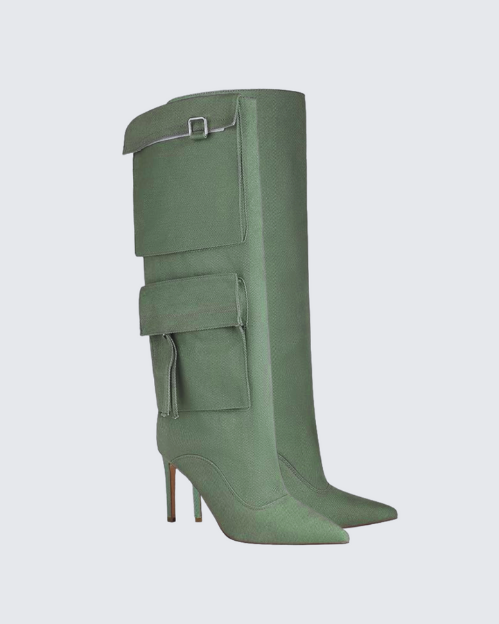 Camella | Women’s knee-high denim stiletto boots with pocket detail