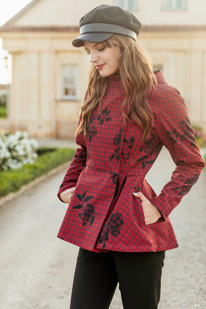 Aurora | Women’s short plaid jacket with waist belt and detachable hood