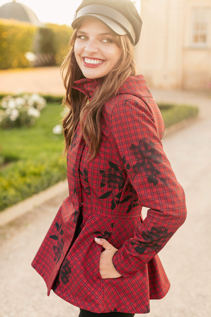 Aurora | Women’s short plaid jacket with waist belt and detachable hood