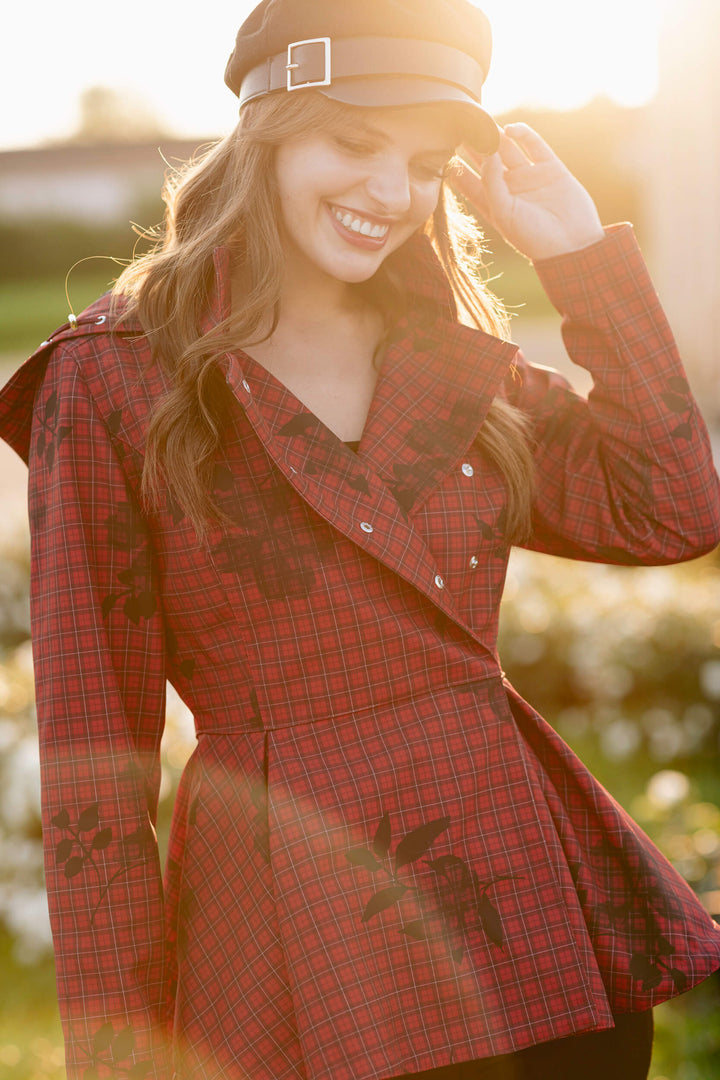 Aurora | Women’s short plaid jacket with waist belt and detachable hood