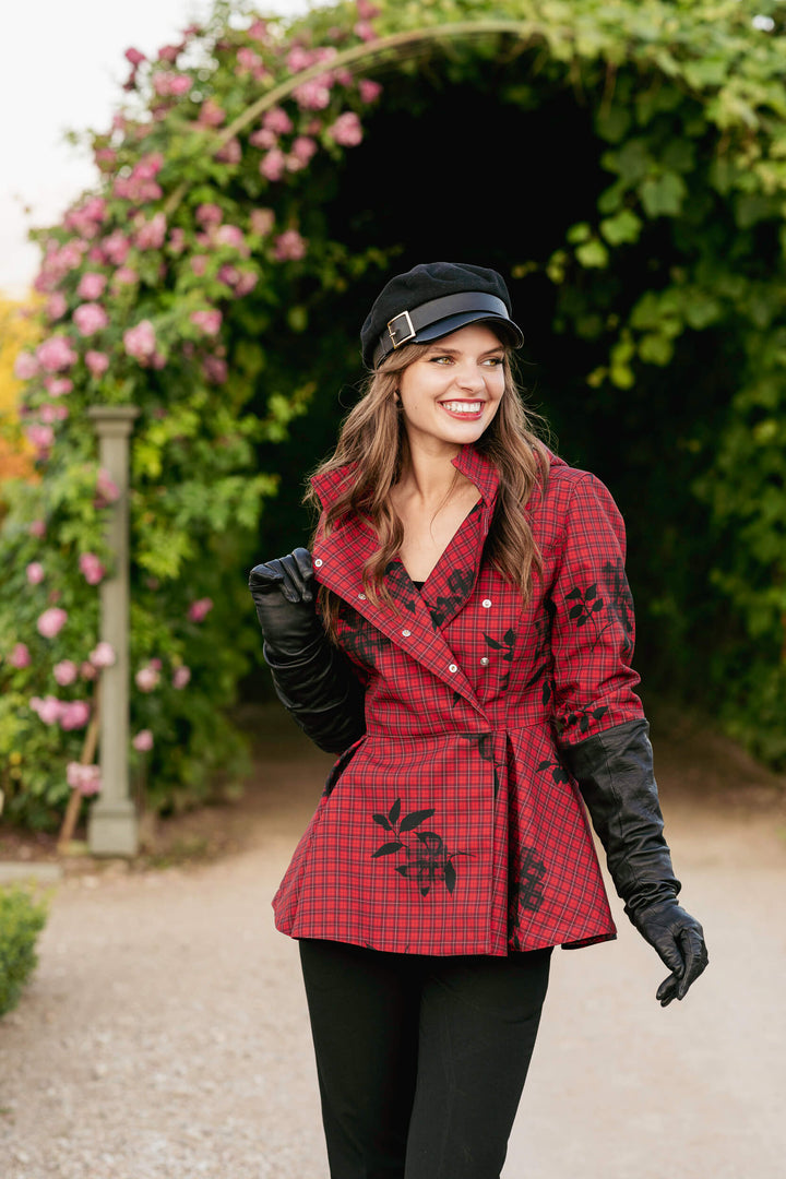 Aurora | Women’s short plaid jacket with waist belt and detachable hood