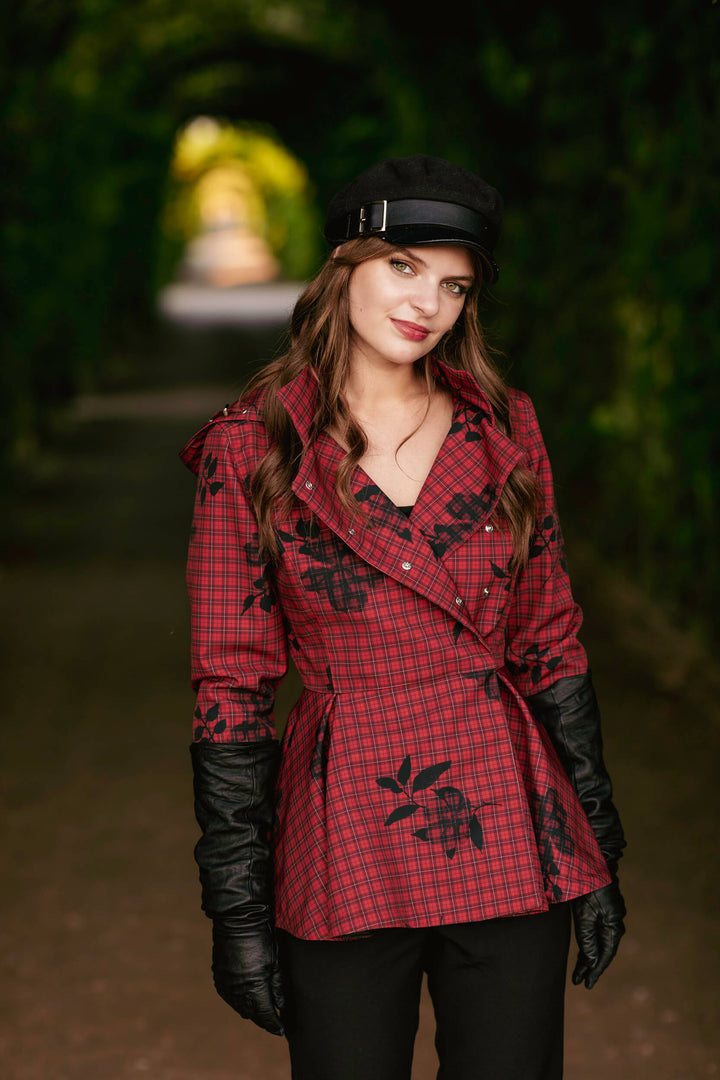 Aurora | Women’s short plaid jacket with waist belt and detachable hood