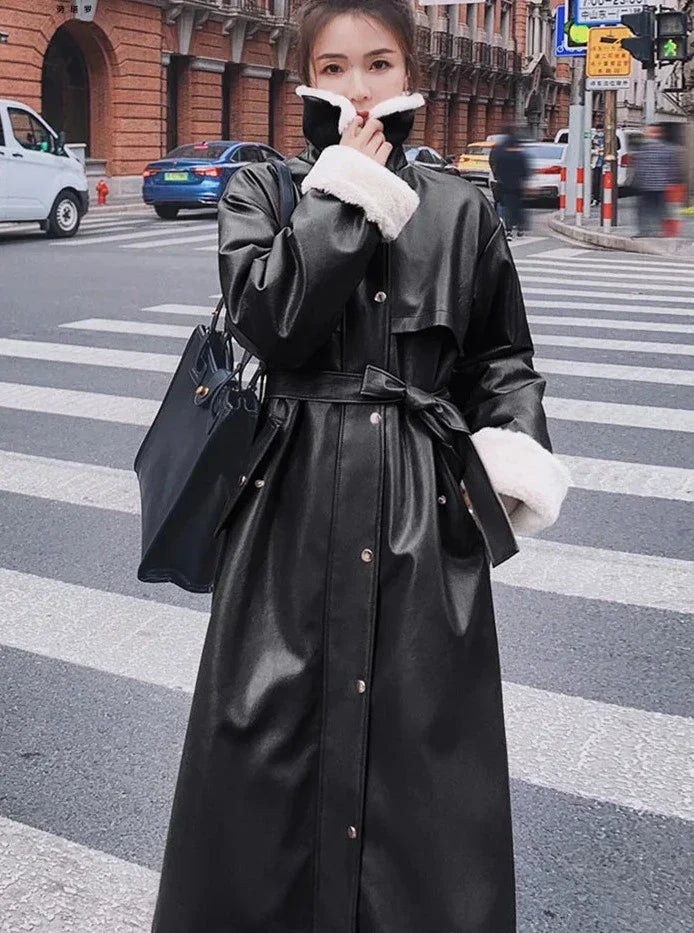 Nelly | Women’s long winter trench coat with belted waist and faux fur trim