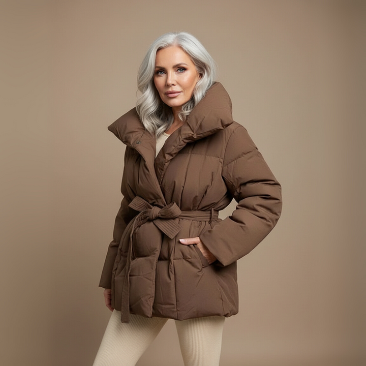 Cecilia | Women’s belted puffer jacket with oversized collar