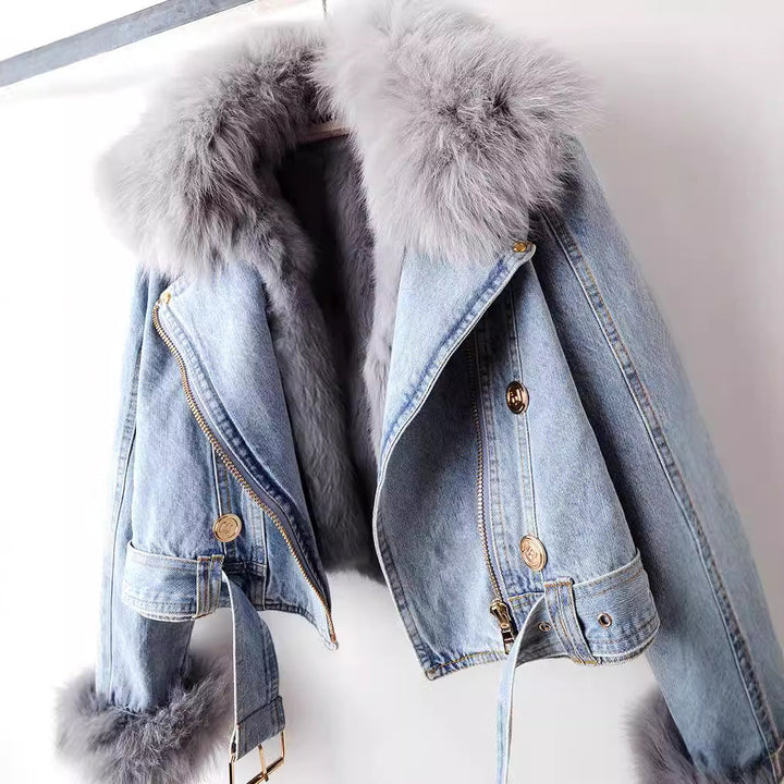 Gabriella | Women’s denim jacket with removable faux fur collar and cuffs