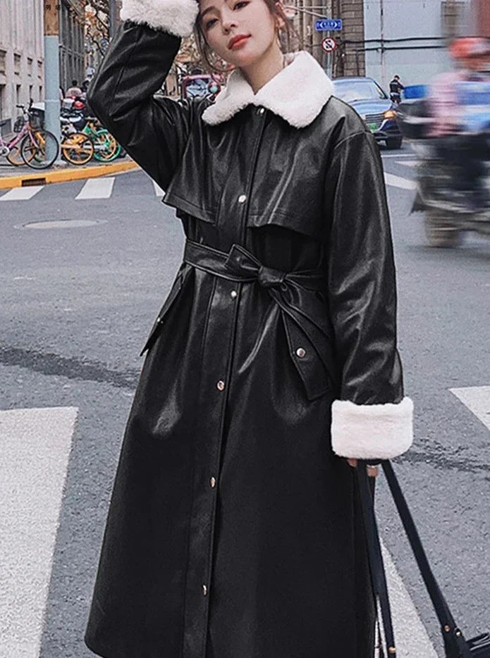 Nelly | Women’s long winter trench coat with belted waist and faux fur trim