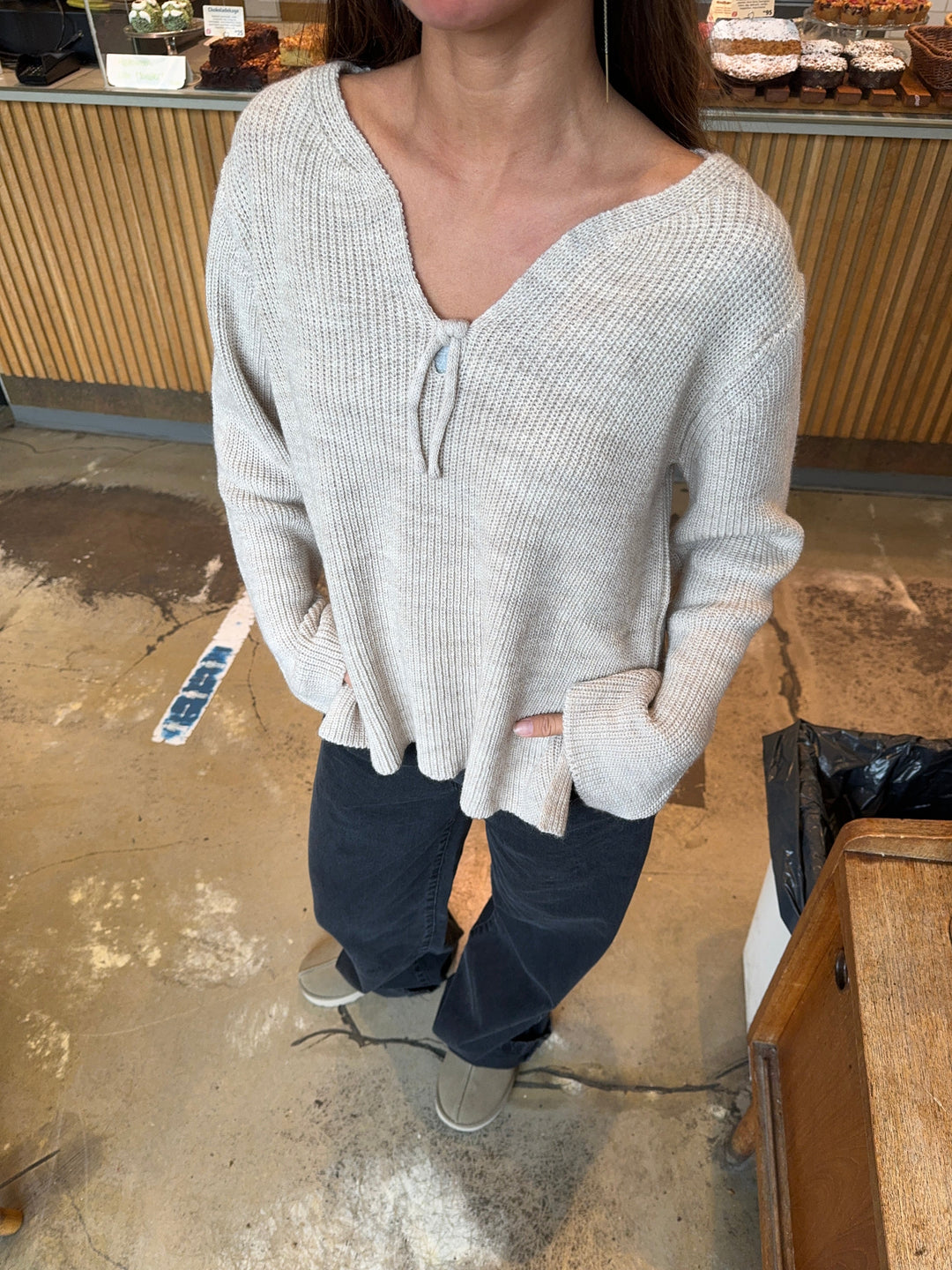 Everly | Women’s relaxed knit sweater with v-notch neckline and front tie detail