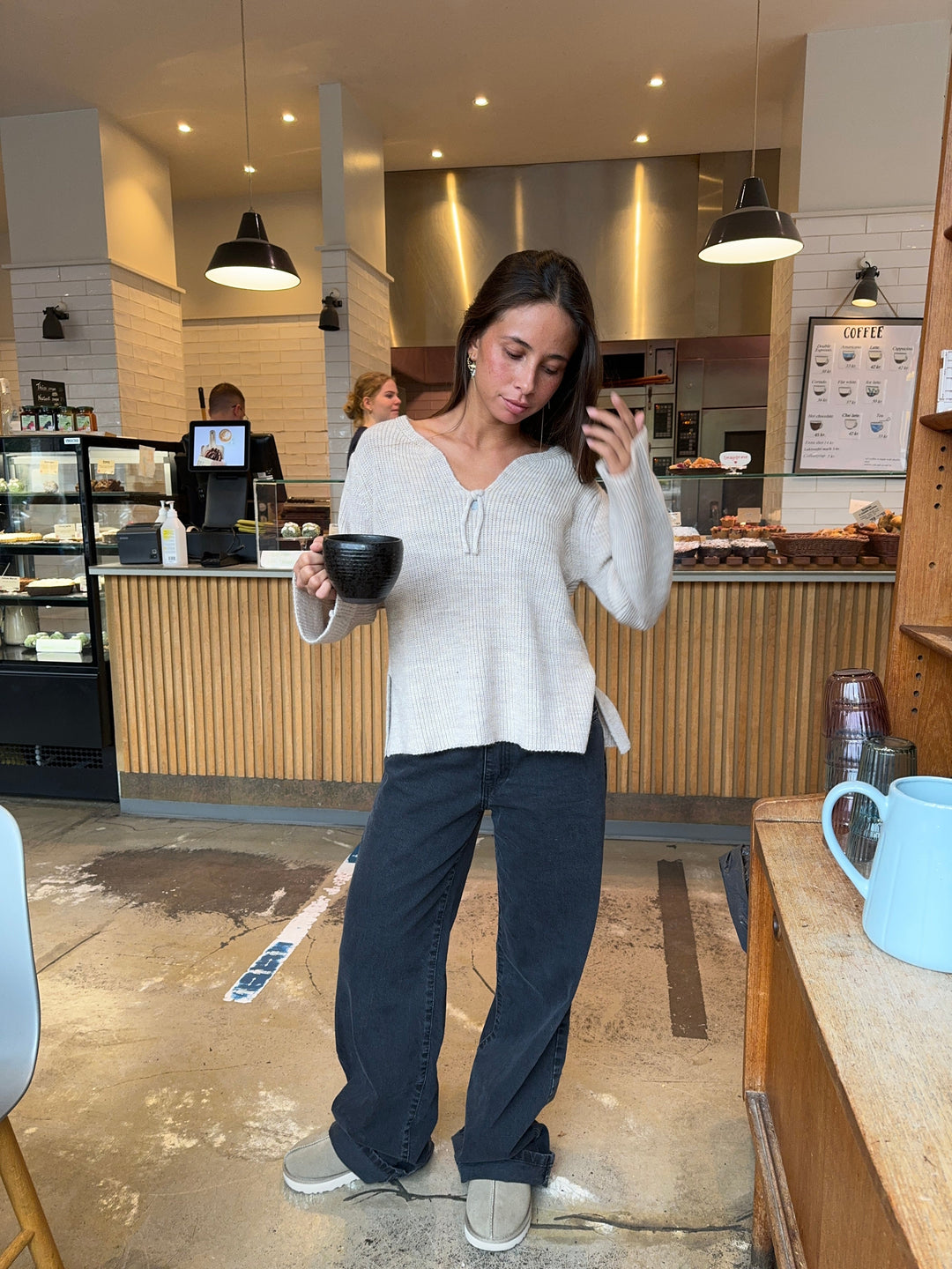 Everly | Women’s relaxed knit sweater with v-notch neckline and front tie detail