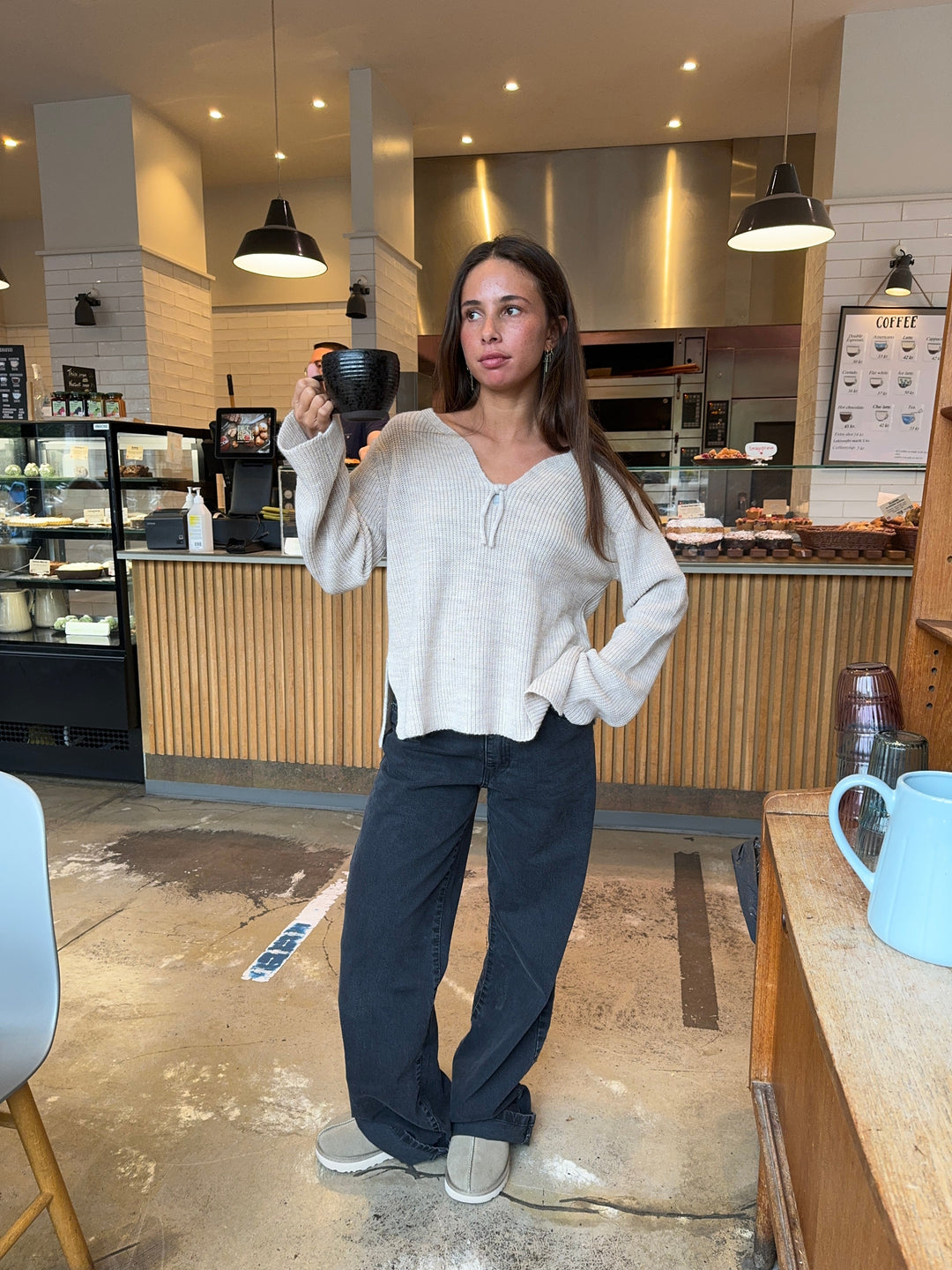 Everly | Women’s relaxed knit sweater with v-notch neckline and front tie detail