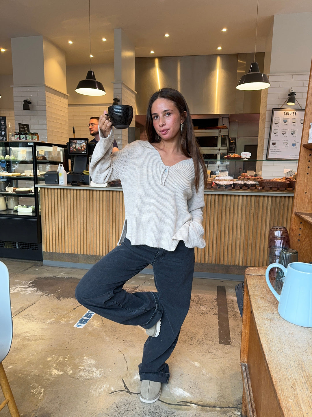 Everly | Women’s relaxed knit sweater with v-notch neckline and front tie detail