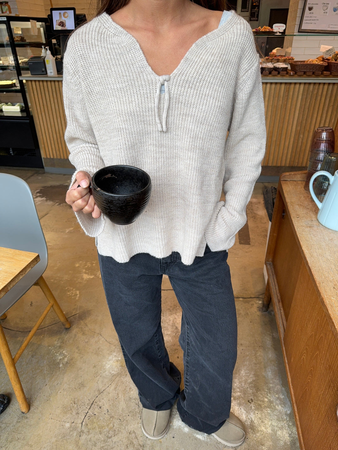 Everly | Women’s relaxed knit sweater with v-notch neckline and front tie detail