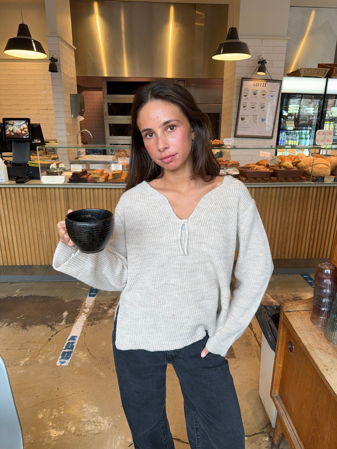 Everly | Women’s relaxed knit sweater with v-notch neckline and front tie detail