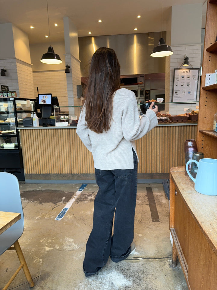 Everly | Women’s relaxed knit sweater with v-notch neckline and front tie detail