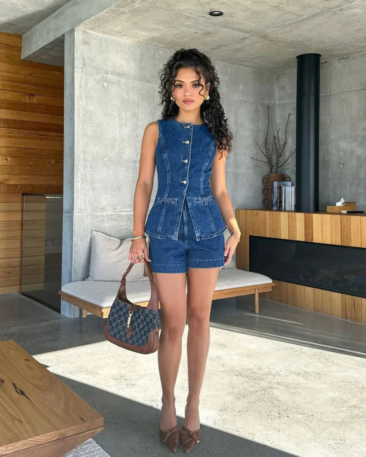 Iya| Women’s denim set with button-down gilet and shorts