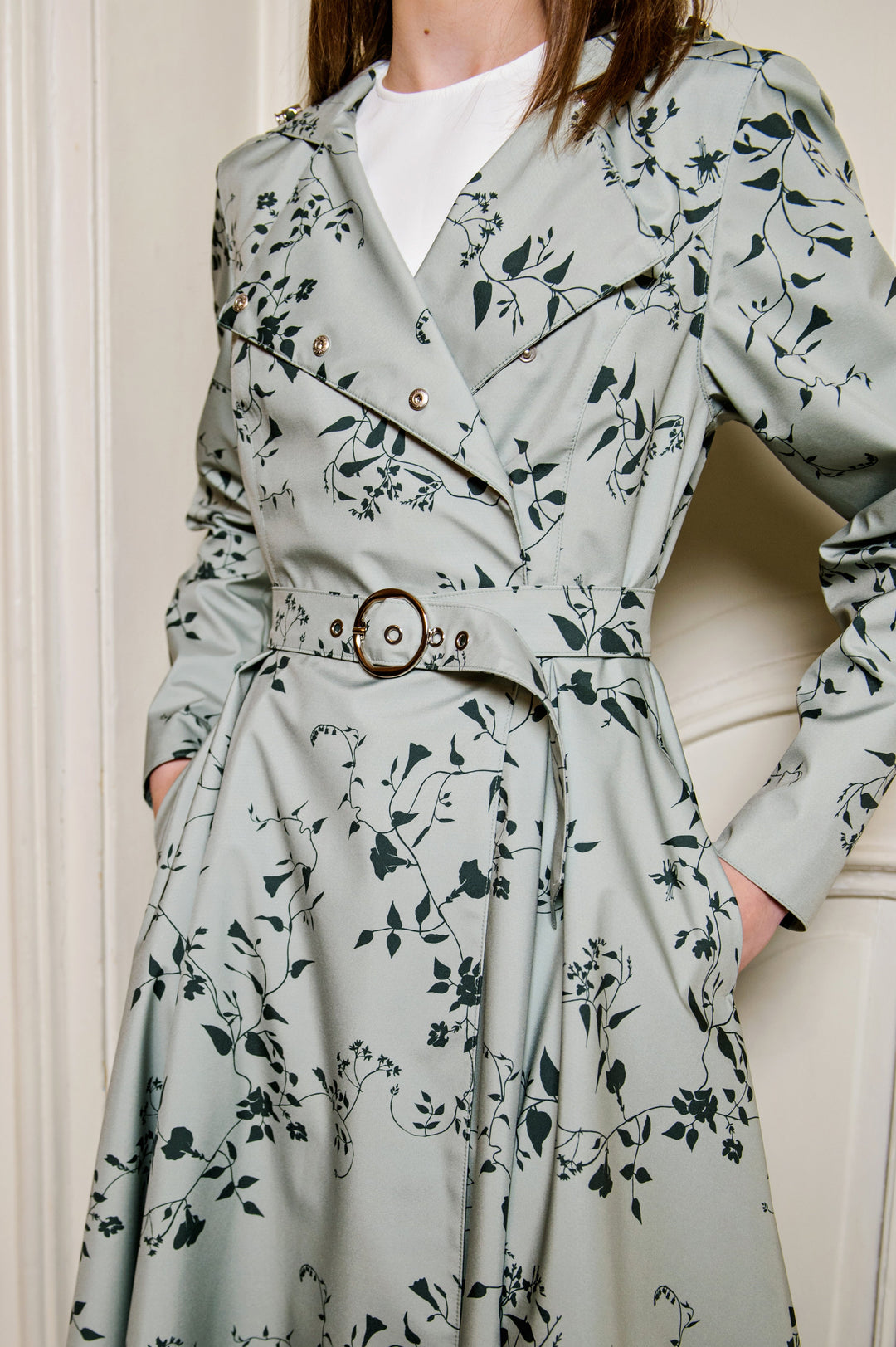 Hannah | Women’s double-breasted floral trench coat with adjustable hood