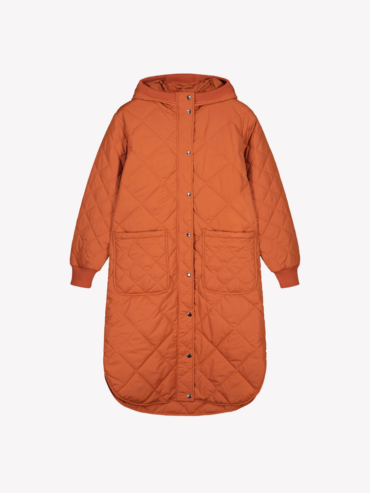 Solana | Women’s long quilted hooded coat with oversized patch pockets