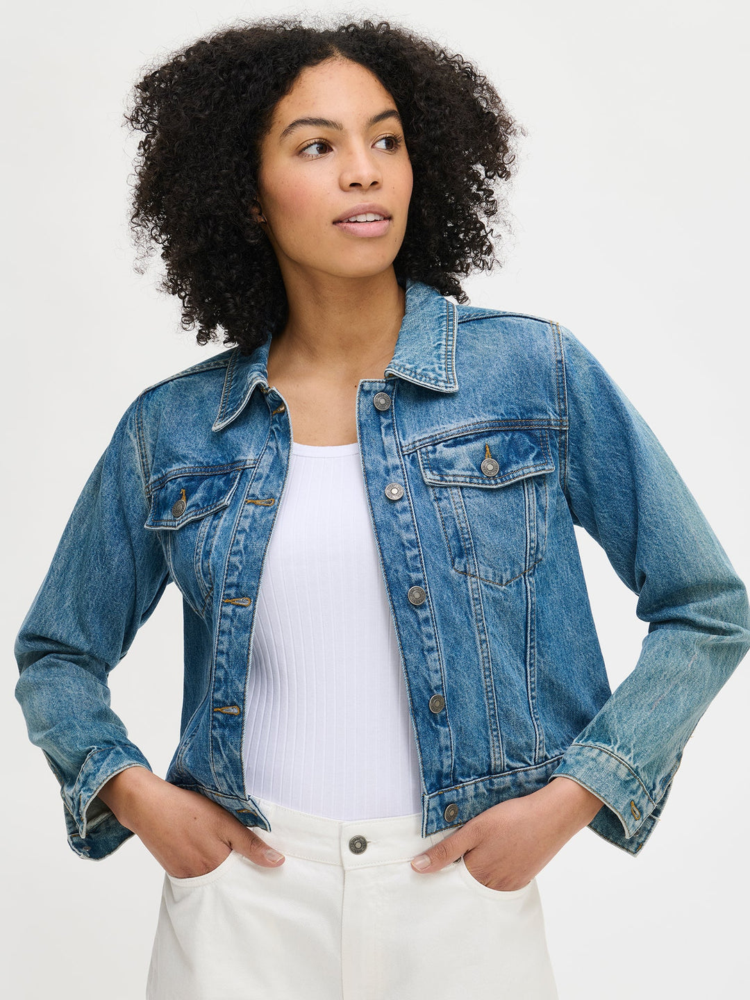 Adhara  | Women’s classic full button denim jacket with flap chest pockets