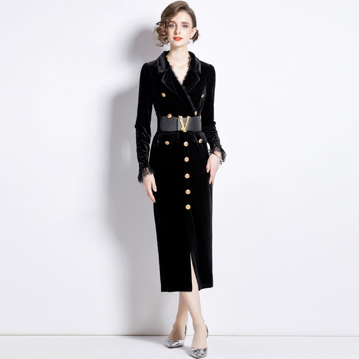 Celeste | Velvet V-neck single-breasted long sleeve dress with belt