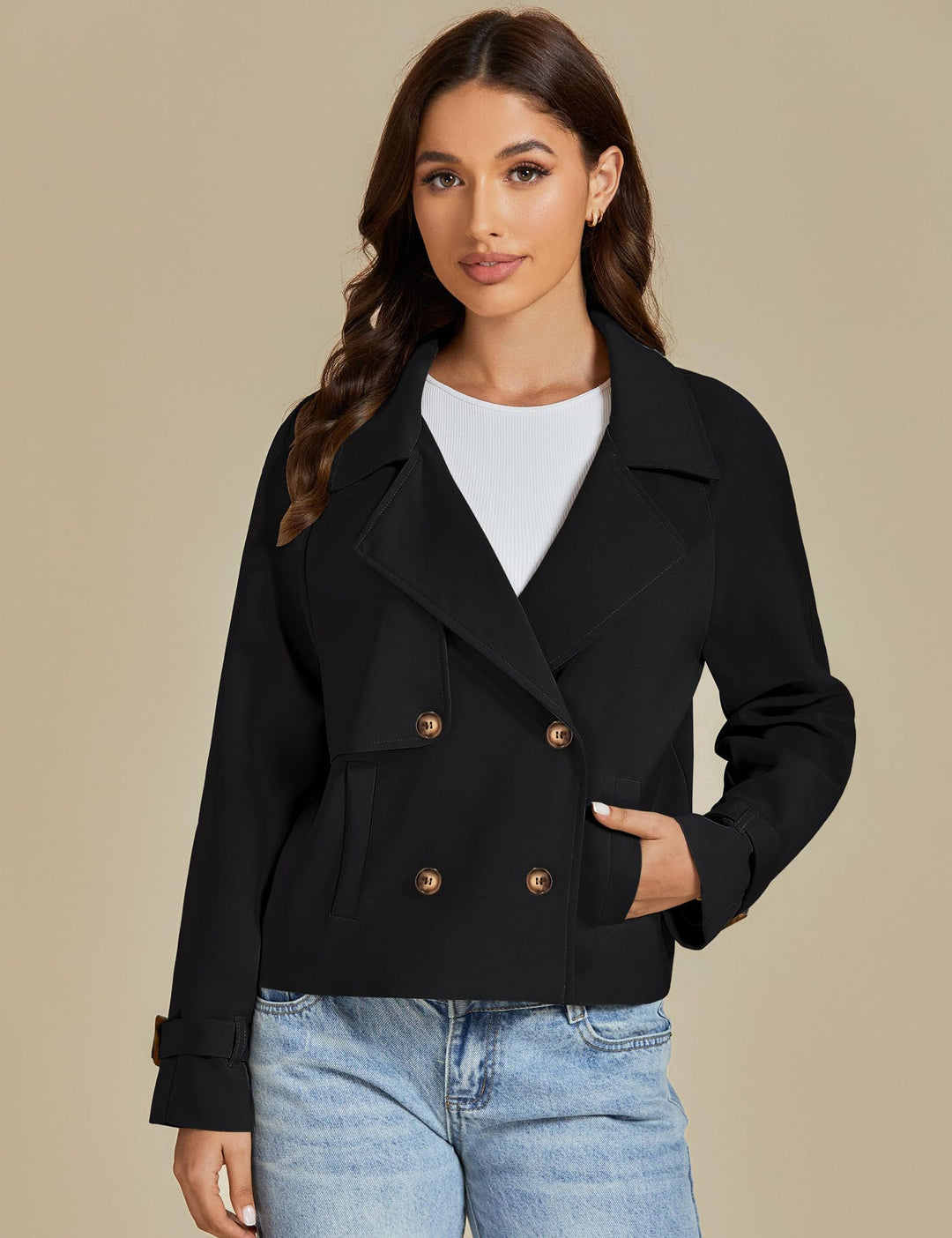 Arly | Women’s short trench coat with double-breasted design and notch lapel