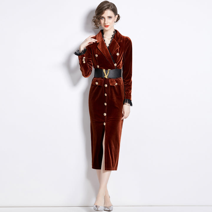 Celeste | Velvet V-neck single-breasted long sleeve dress with belt