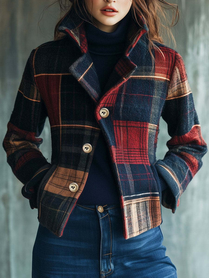 Reign | Women’s plaid wool jacket with stand collar and single-breasted design