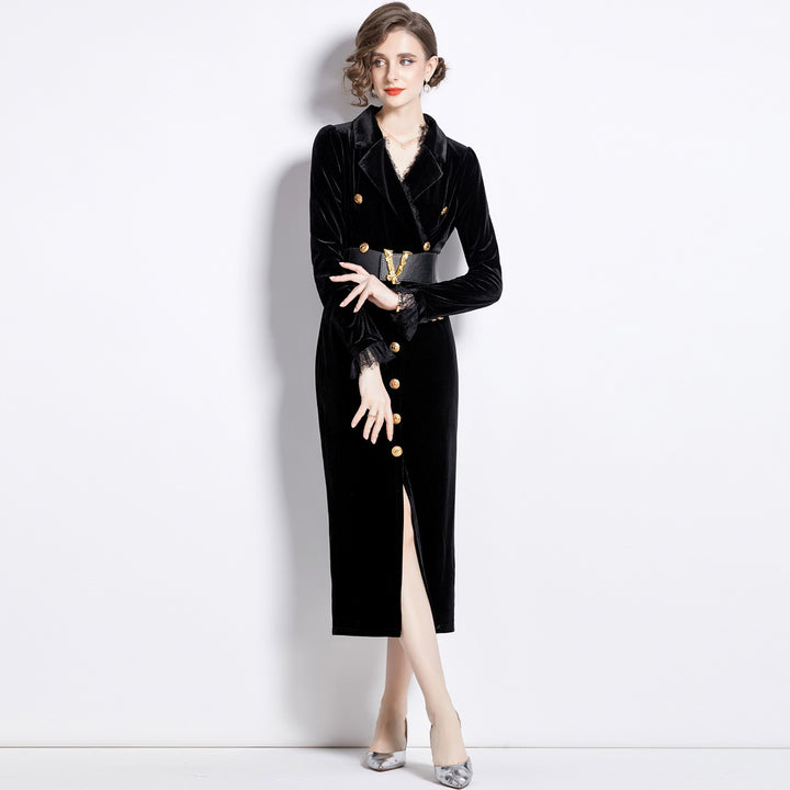 Celeste | Velvet V-neck single-breasted long sleeve dress with belt