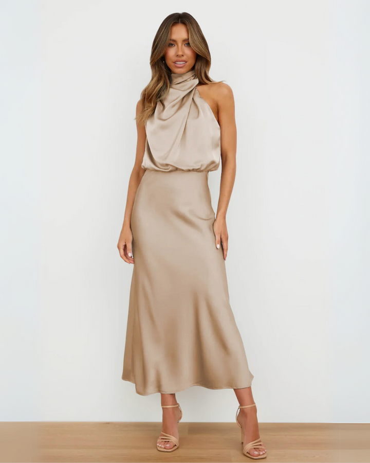 Ruby | Women’s maxi dress with high neckline and draped silhouette