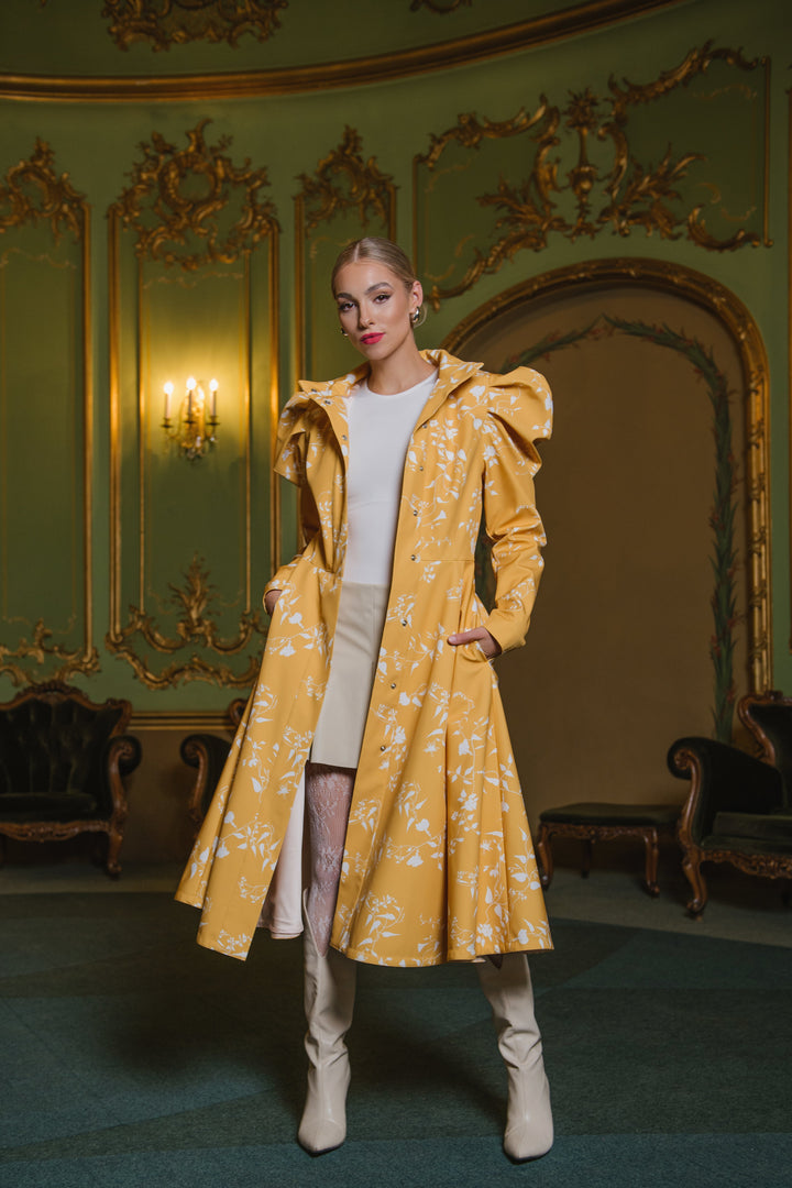 Honey | Women’s floral single-breasted A-line trench coat with balloon sleeves