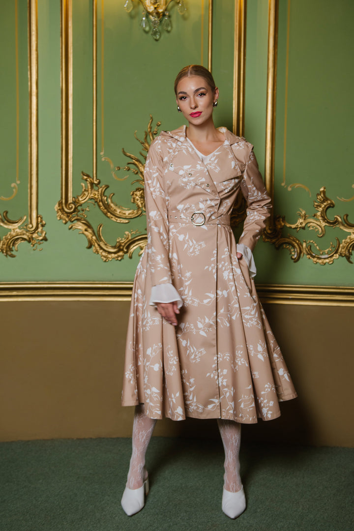 Scarlett | Women’s floral-pattern double-breasted trench coat with adjustable hood