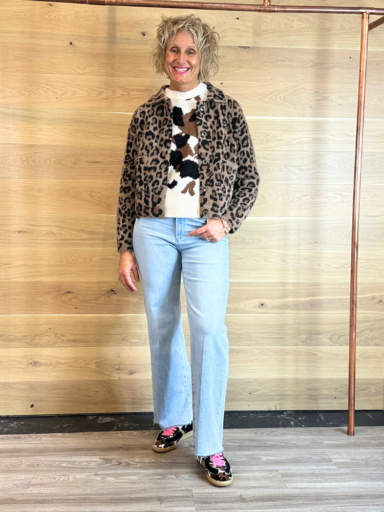 Aamina | Women’s leopard print button-up faux fur jacket