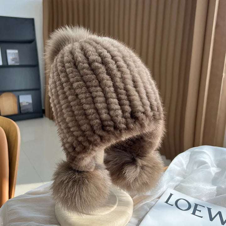 Hadley | Women’s mink fur beanie with fox fur pompoms