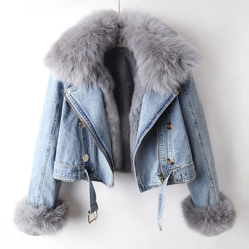 Gabriella | Women’s denim jacket with removable faux fur collar and cuffs