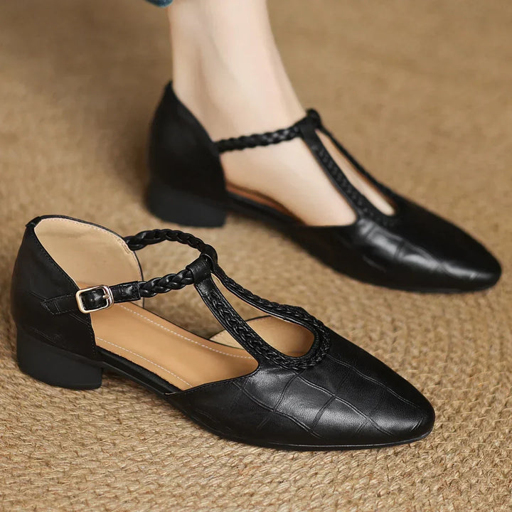 Cara | Women’s t-strap sandals with braided detail and pointed toe