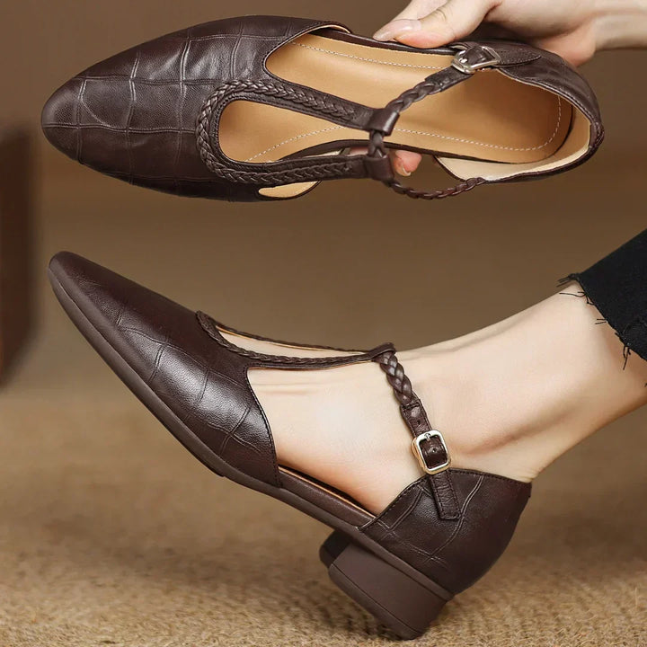 Cara | Women’s t-strap sandals with braided detail and pointed toe