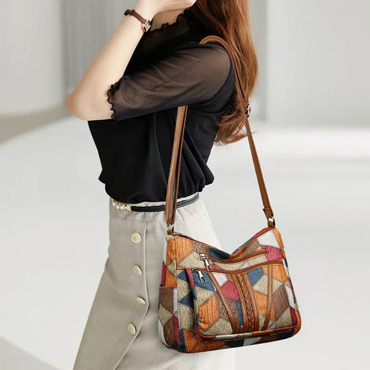 Charlee | Women’s crossbody bag with patchwork panels and adjustable strap
