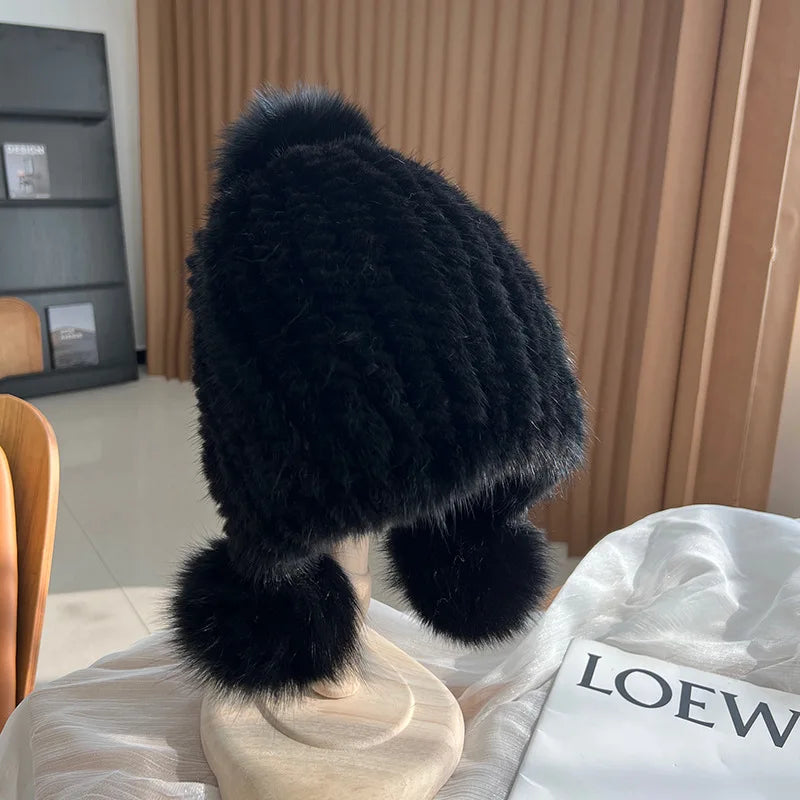 Hadley | Women’s mink fur beanie with fox fur pompoms