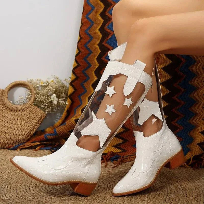 Angela | Women’s clear star-detail cowboy boots with faux croc leather
