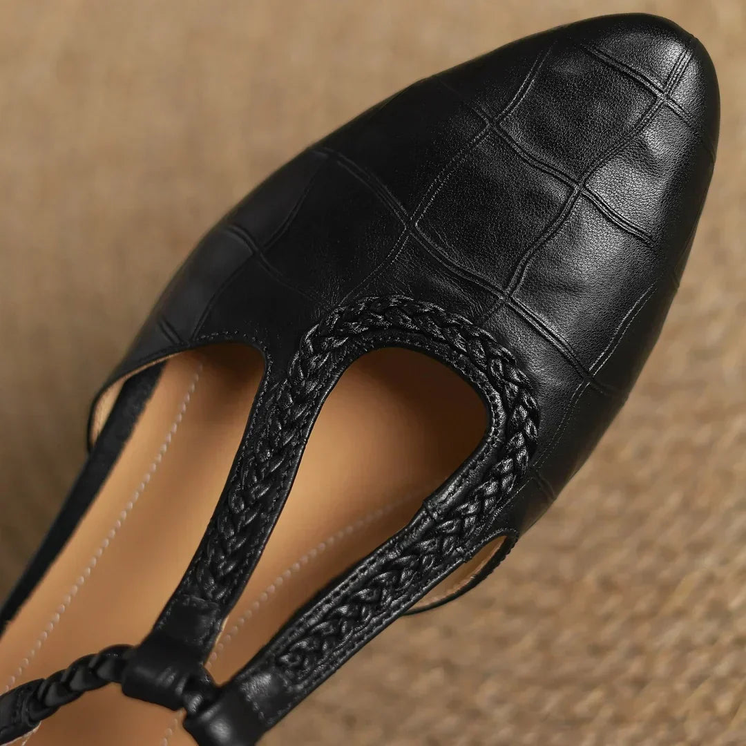 Cara | Women’s t-strap sandals with braided detail and pointed toe