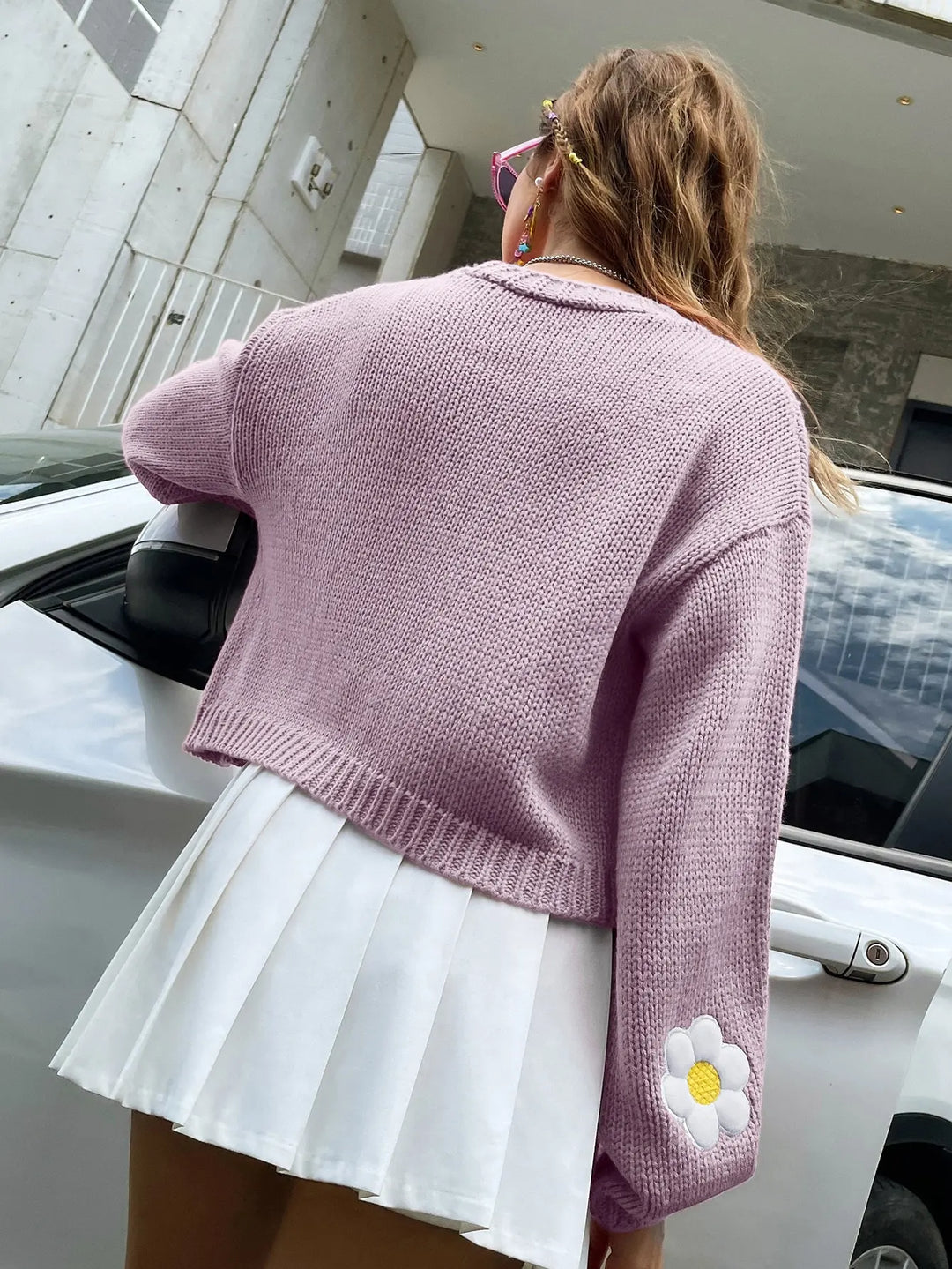 Ella | Women’s floral knit cardigan with daisy embroidery and open front