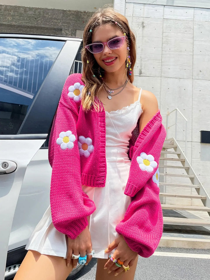 Ella | Women’s floral knit cardigan with daisy embroidery and open front