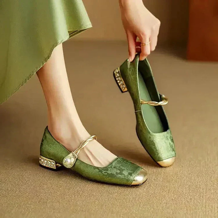 Blythe | Women’s block heel sandals with pearl strap and metallic toe cap