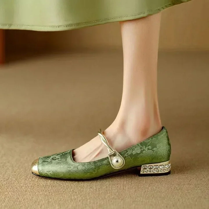 Blythe | Women’s block heel sandals with pearl strap and metallic toe cap