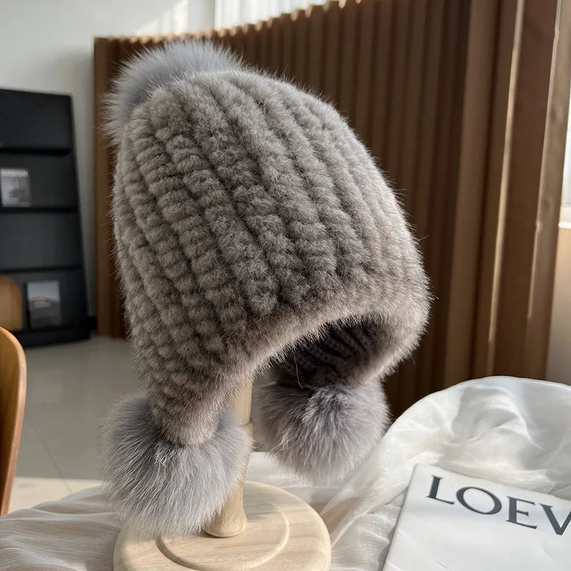 Hadley | Women’s mink fur beanie with fox fur pompoms