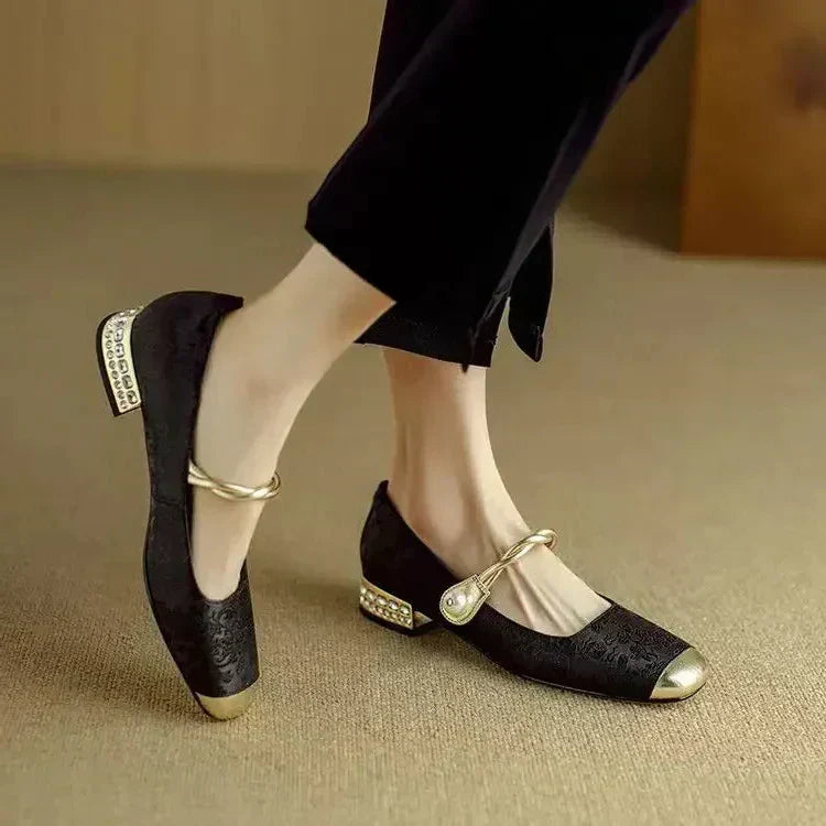 Blythe | Women’s block heel sandals with pearl strap and metallic toe cap