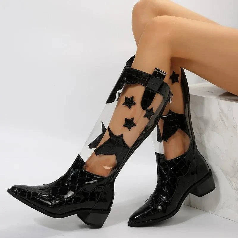 Angela | Women’s clear star-detail cowboy boots with faux croc leather