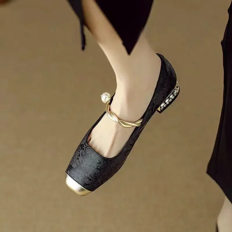 Blythe | Women’s block heel sandals with pearl strap and metallic toe cap