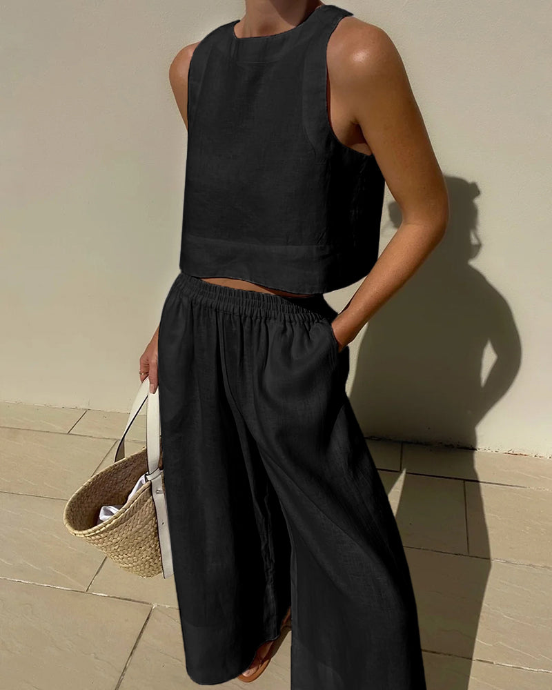 Alessia | Two-piece set with tailored top and wide-leg linen trousers