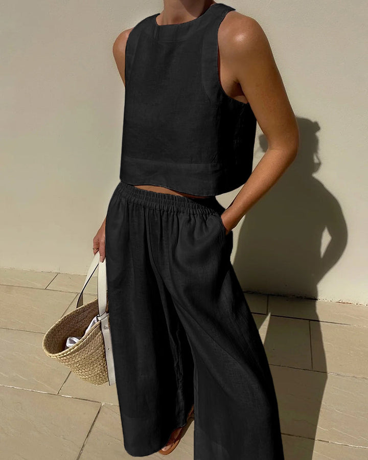 Alessia | Two-piece set with tailored top and wide-leg linen trousers