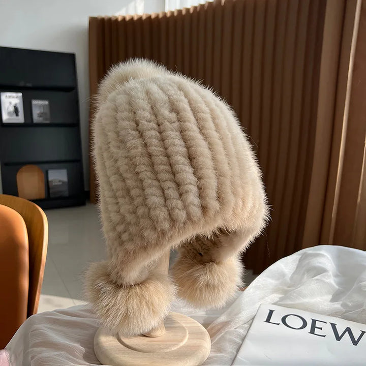 Hadley | Women’s mink fur beanie with fox fur pompoms